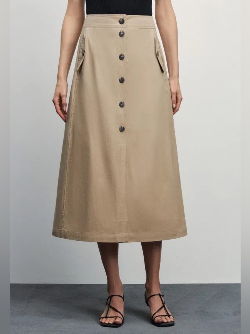 Massimo Dutti Beige Button-Front A-Line Midi Skirt